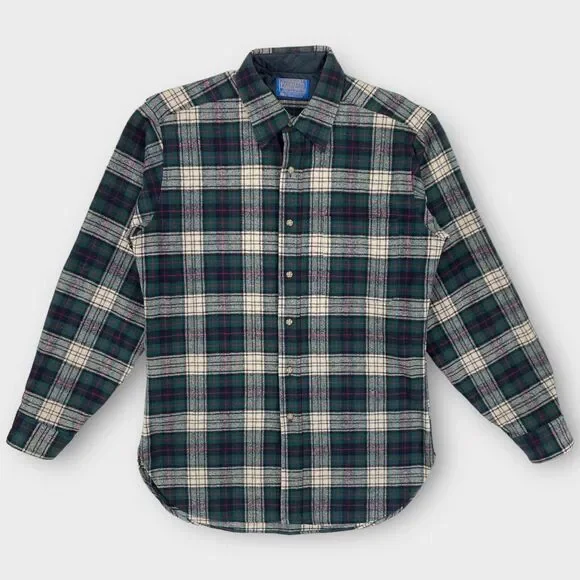 VINTAGE Pendleton Board Shirt Mens Medium Green Plaid Blackwatch Wool USA Made - Picture 2 of 11